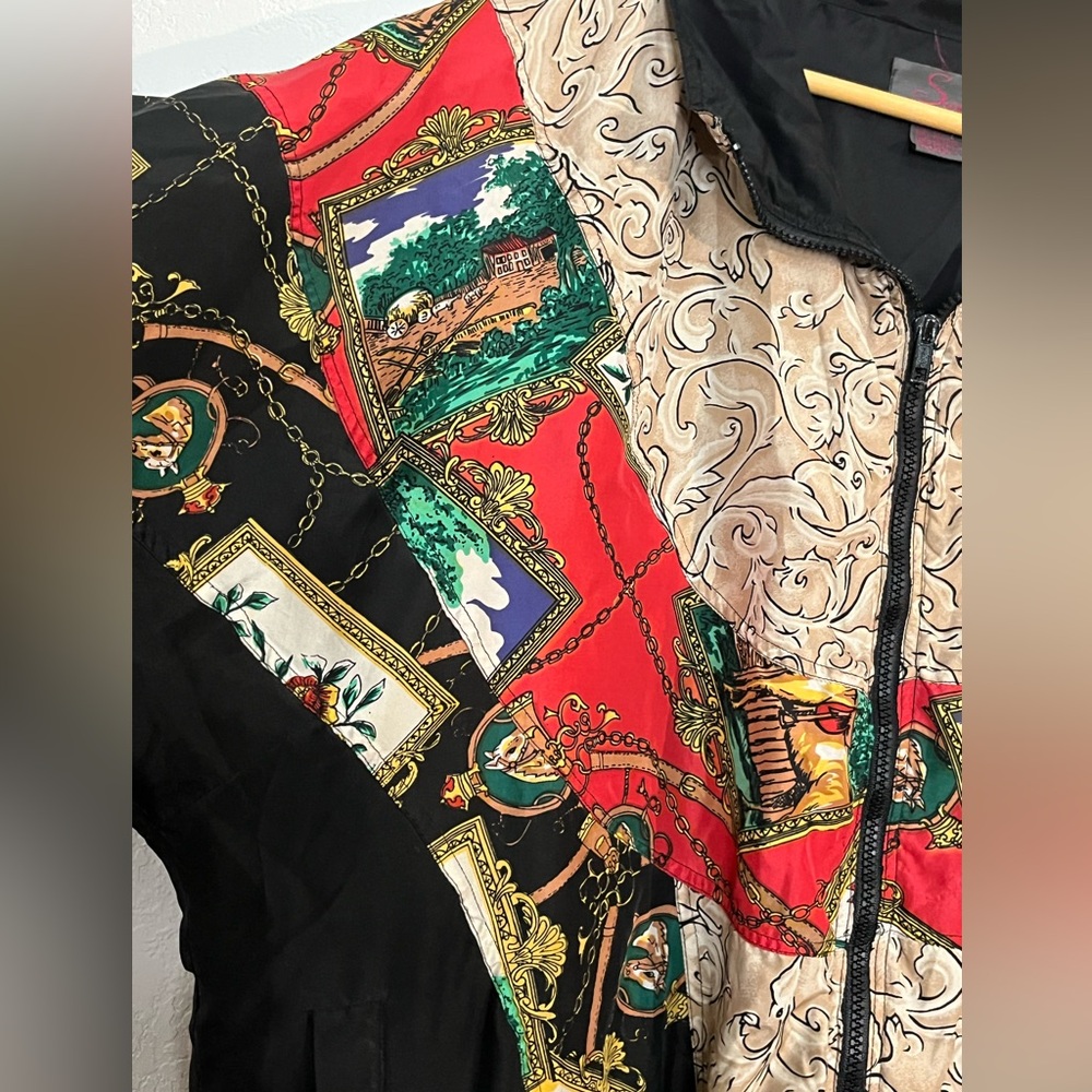Vintage Silk Equestrian Zip up jacket Horse Floral Baroque Unique 90s - Picture 6 of 8